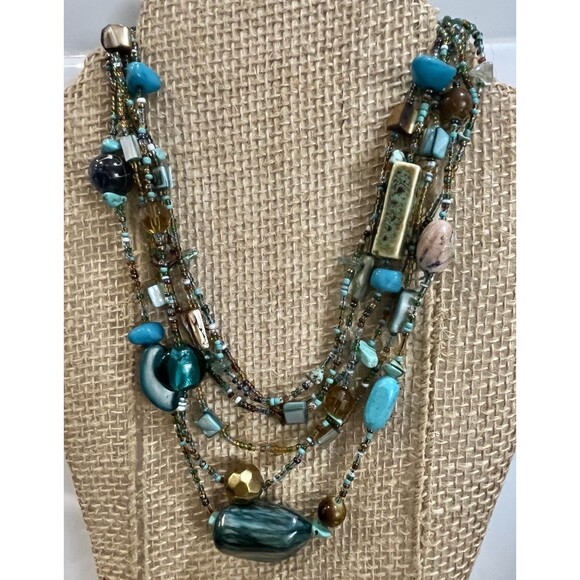 NECKLACE 6 Strands Beads Faux Turquoise Pink Black Gold Tone Boho Signed - Picture 1 of 8